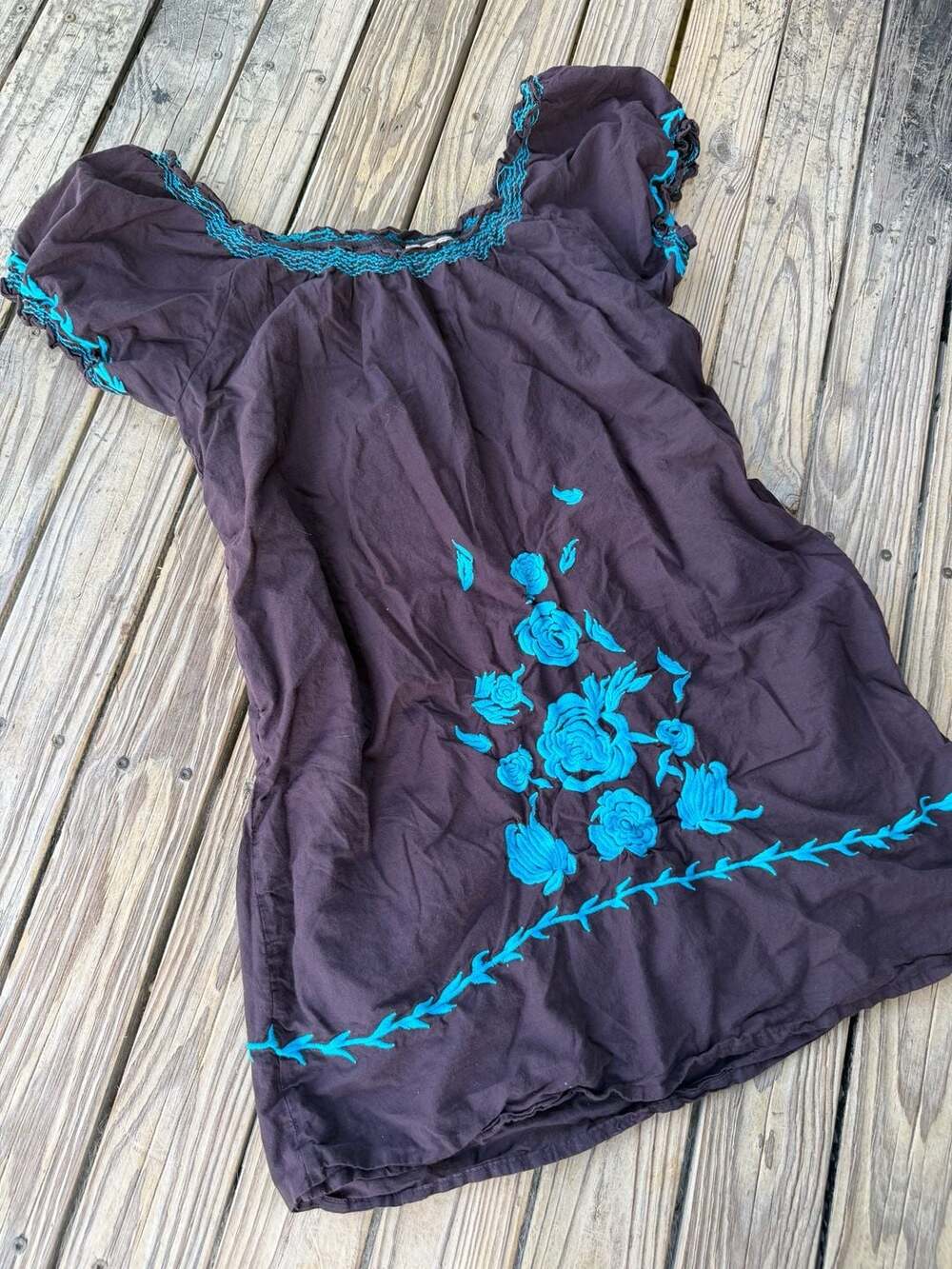 Cute Options Women's Brown Cotton Peasant Boho Top with Turquoise Floral Embroid